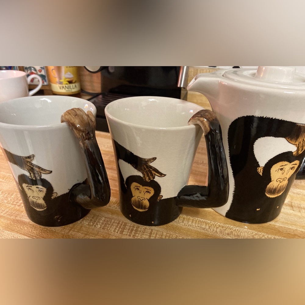 PIER 1  2x Monkey  Painted Stoneware Mug Chimp 18 oz & matching  COFFEE POT